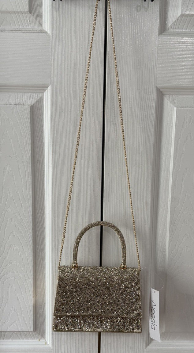Alessia Bianchi Women’s Champagne Beaded Satchel Purse Metallic Crossbody NWT