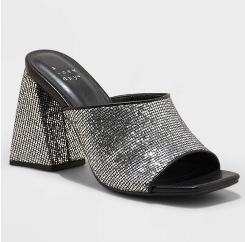 A New Day Women’s Vira Mule Heels Black And Silver, Size 8.5 NWOB
