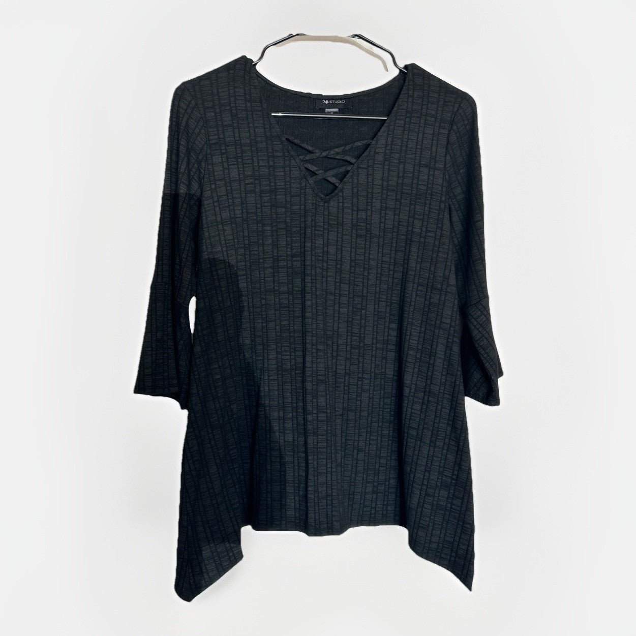 AB Studio Women's Black Criss Cross V Neck 3/4 Bell Sleeve Textured Top, Size M